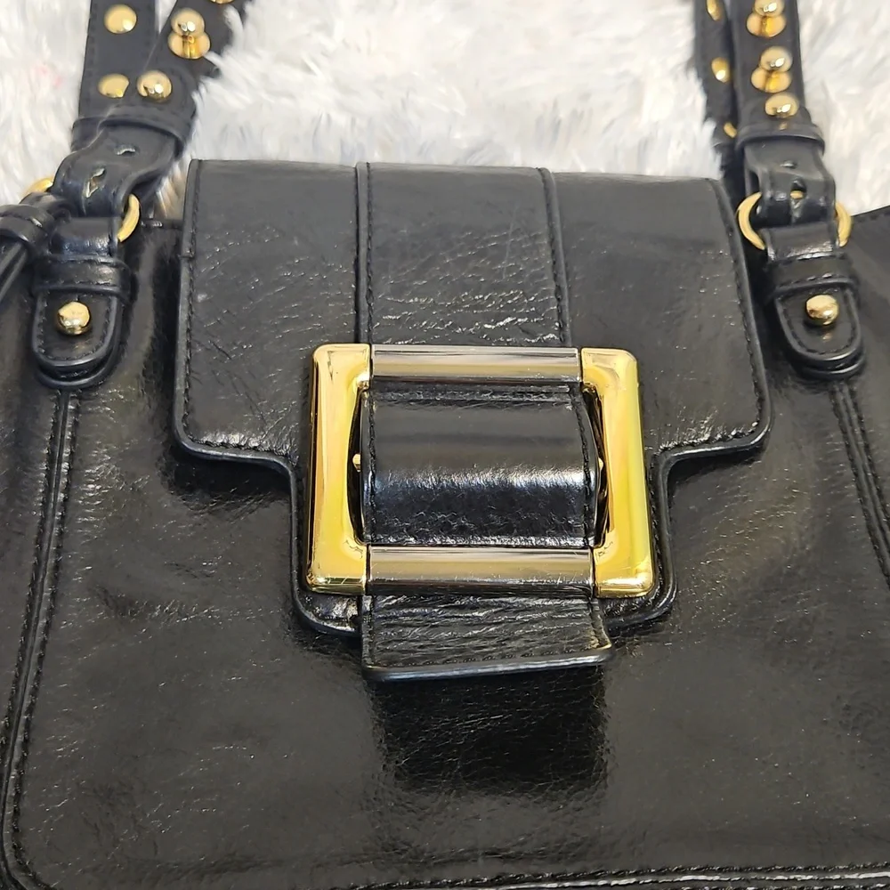 Badgley Mischka Black Patent Leather Tote Bag‎ Gold Buckle Shoulder Bag